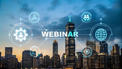 Webinar concept with digital icons and network connections over modern city skyline at dusk, online seminar and virtual communication
