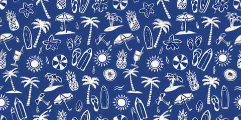 Seamless pattern of hand drawn summer vacation icons including palm trees pineapples surfboards and umbrellas in blue and white