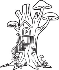 Whimsical black and white line art of a treehouse with spiral staircase, mushroom roof accents, and textured trunk in minimalist style