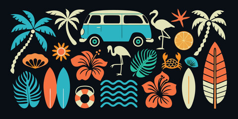 Retro summer vacation elements featuring a camper van flamingos palm trees and surfboards