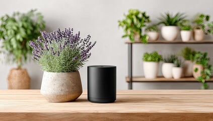 Black cylinder device beside lavender in a home