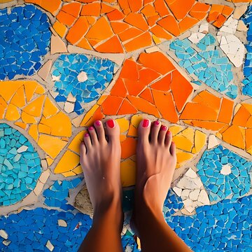 Bare feet on vibrant mosaic floor