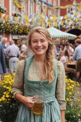 Obraz premium Smiling woman in dirndl holding beer at festive outdoor celebration event. Oktoberfest celebration