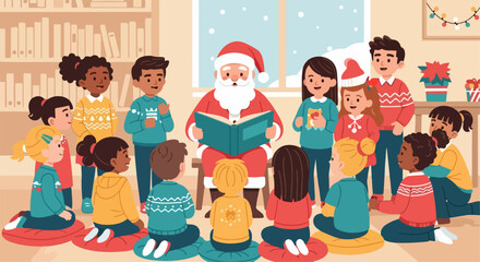 Santa Claus Reading an Inclusive Christmas Story to a Diverse Group of Children, Spreading Holiday Cheer