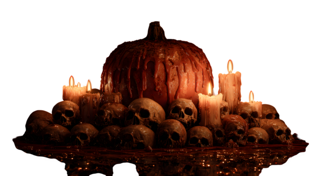 Halloween still life with skulls and pumpkin, isolated on transparent background