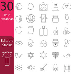 Rosh Hashanah line icon set, Jewish New Year symbols, editable stroke vector collection with pomegranate, apple, honey, shofar, Torah, Star of David, menorah, dove, fish, wine, globe, and traditional 