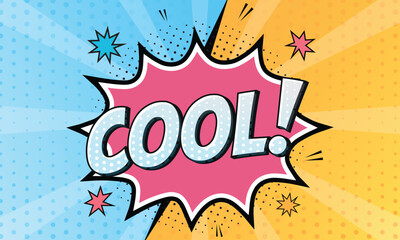 COOL Comic Lettering Text Vector Illustration Background. Retro Pop Art Style with Colorful Speech Bubble, Halftone Dots, Explosive Burst, and Cartoon Effect