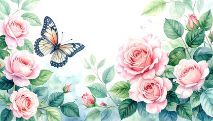 Watercolor roses and butterfly