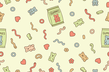 Seamless pattern of gummy candies and marmalade. Colorful juicy chewy sweets, teddy bears and soft marmalade, chewing fruits and berries, children's pharmacy collection isolated on yellow. 