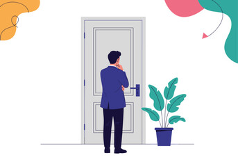 Fototapeta premium A man in a suit ponders his next move before a closed door a potted plant stands nearby