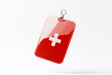 Red medical id badge with white cross on minimalist background for healthcare and hospital settings