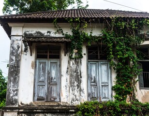 Aged house facade with overgrown vines