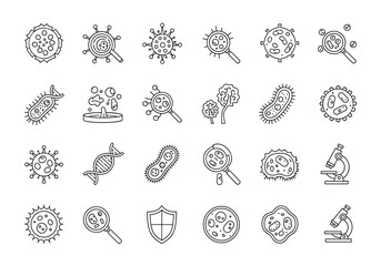 Collection of microscopic organisms and scientific research tools icons for biological studies