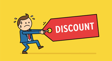 Stressed Businessman Struggling with Discount Tag