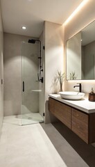 Modern Minimalist Bathroom Design Serene Walk-in Shower, Floating Vanity, and Large Mirror