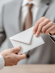 Businessman Handing Over White Envelope in Office Setting