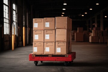 Professional warehouse photography showing stack of labeled delivery boxes on hand truck in loading zone, perfect for inventory logistics and order processing operations content