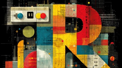 Naklejka premium Abstract Letter R with Vintage Game Controller and Colorful Geometric Textures