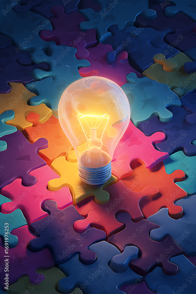 Poster a glowing light bulb illuminating colorful puzzle pieces, symbolizing creativity and problem-solving