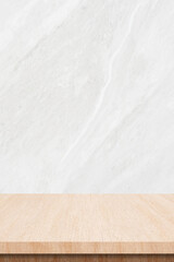 Vertical wood table and white marble wall background in kitchen, Wooden shelf, counter for food and product display in room background, Wood table top, desk surface banner, mockup, template
