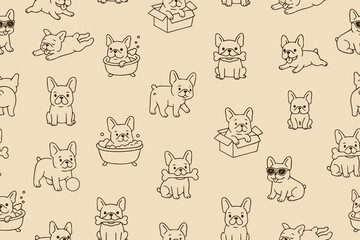 Seamless pattern of playful French bulldogs doing different things. Perfect for a design project.