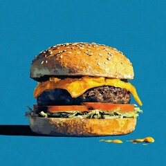 Cheeseburger Digital Painting with Blue Background