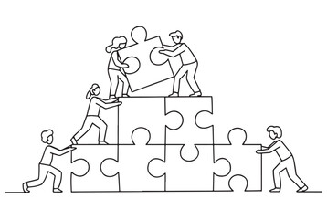 Minimalist Line Drawing of Teamwork with Puzzle Pieces   for Business