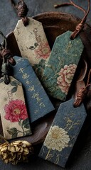 Vintage-style floral tags in muted tones