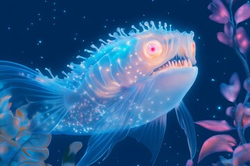 Glowing bioluminescent creature in underwater scene for nature exploration
