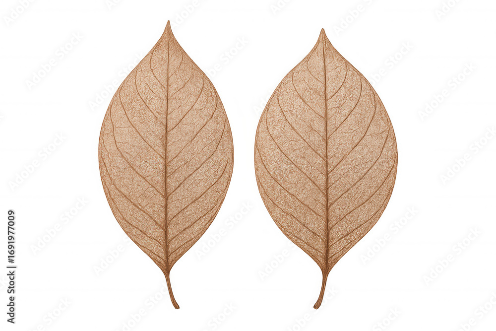 Poster close-up of two dried leaves with intricate vein patterns, isolated on a transparent background, sho