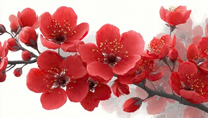 Vibrant red cherry blossoms on a branch against white