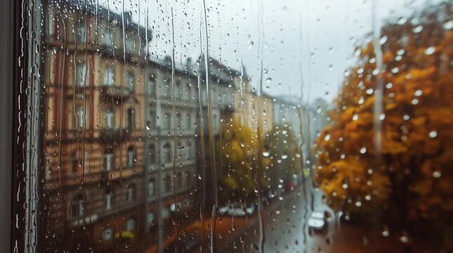Jesienny deszcz widziany z okna kamienicy &ndash; spokojna, nostalgiczna pogoda