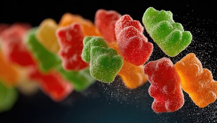 Colorful gummy bears in motion, sprinkled with sugar