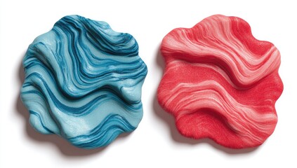 Two colorful, marbled, sculpted shapes