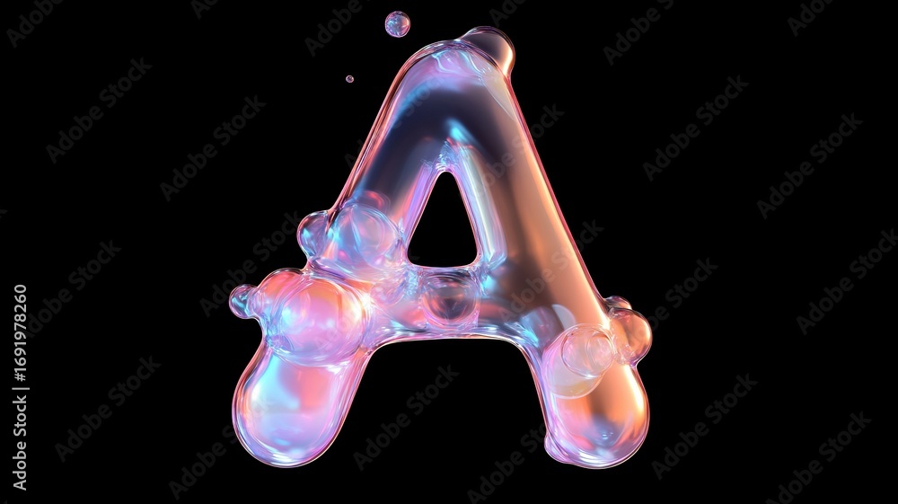 Poster creative alphabet letter a design with floating holographic blobs on black background