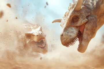 Fototapeta premium Epic dinosaur battle scene depicting two ferocious dinosaurs in action
