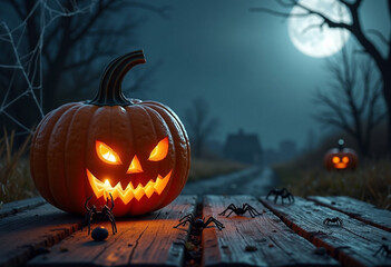 Spooky Halloween pumpkin and Spiders on a Halloween Night. Text space