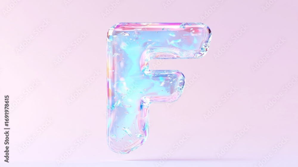 Poster holographic floating letter f with iridescent blobs on pastel background