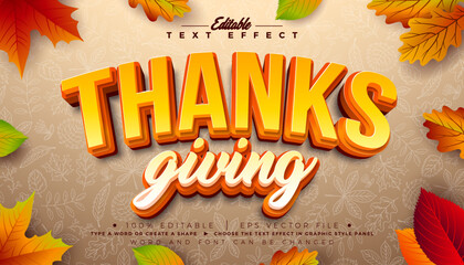 Thanksgiving Editable Text Effect Design with Autumnal Falling Leaves and Typography Lettering Graphic Style with Shadow on Hand Drawn Doodle Background. Vector Traditional Seasonal Holiday 