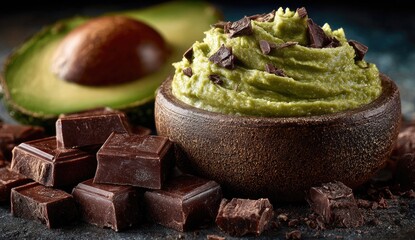 Avocado chocolate dip in wooden bowl