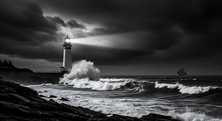 Dramatic Black and White Seascape with Lighthouse Guiding a Distant Ship Through Stormy Waves and Dark Clouds