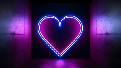 Vibrant neon heart in blue and fuchsia glowing on dark textured wall minimalist abstract romantic background