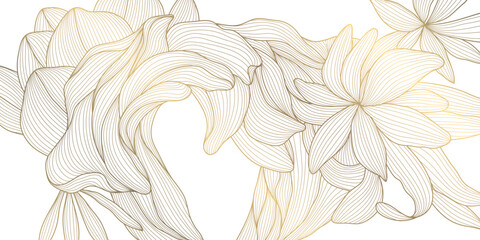 Vector luxurious gold floral vector illustration featuring elegant line art of leaves and blossoms, perfect for vintage inspired wedding cards, botanical wallpapers, or modern spring themed designs. © marylia17