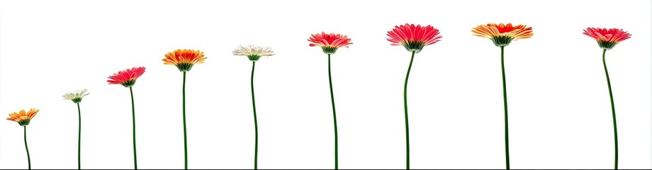 Colorful flowers in a row, growing taller, on a white background
