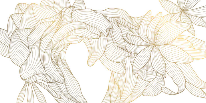 Vector luxurious gold floral vector illustration featuring elegant line art of leaves and blossoms, perfect for vintage inspired wedding cards, botanical wallpapers, or modern spring themed designs.