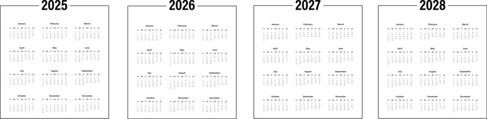 Calendar 2025, 2026, 2027, 2028 years. Calender templates. Planer grid. Week starts Sunday. Planner layout with 12 months. Desk diary in English. Vector illustration. Landscape orientation