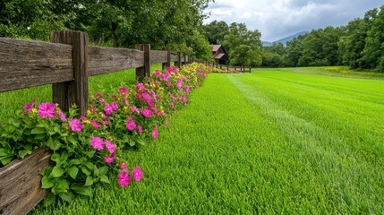 Vibrant Pink Flowers Bordering Rustic Wooden Fence in Green Field