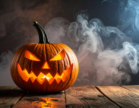 A carved jack-o'-lantern glows with an eerie light, surrounded by smoky atmosphere.