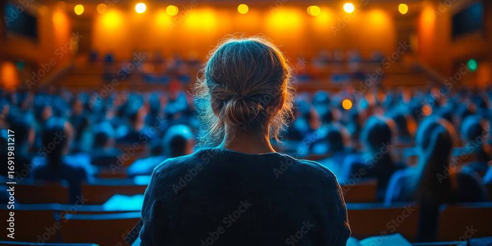 Poster back view of female student sitting in auditorium with crowd listening to lecture or presentation du