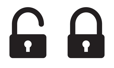 Locked and unlocked  icon.  Open and closed padlock security icons. Black silhouette icons of open and closed padlocks, representing security, privacy, protection. Flat security symbol. 